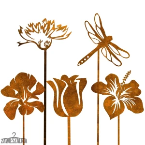 Gartenblumenschmuck – rostiges 5-teiliges Ziereset mit Stahl-Libelle XXL 99 cm