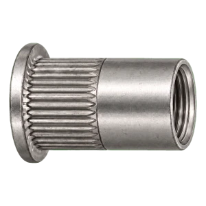 Blindnietmutter aus Edelstahl A4 M10×22 mm – Flachkopf, gerändelter Schaft – Karton à 250 Stk.