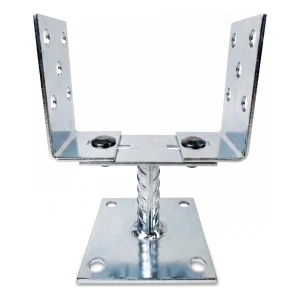 Pfostenträger höhenverstellbar zum Aufschrauben (mit Blech) 0–125 mm – Blech 3 mm, silber verzinkt