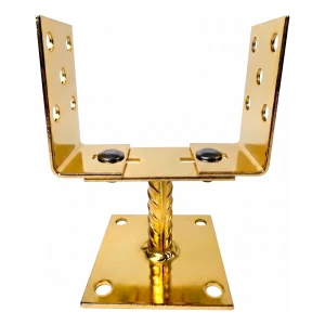 Pfostenträger höhenverstellbar zum Aufschrauben (mit Blech) 0–125 mm – Blech 3 mm, gold verzinkt