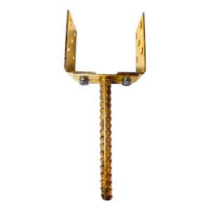 Pfostenträger höhenverstellbar zum Einbetonieren (mit Stab) 0–125 mm – Stab 190 mm, Blech 3 mm, goldverzinkt