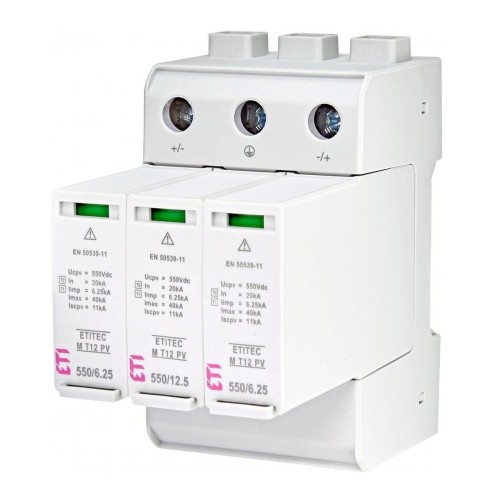 PV DC-Überspannungsableiter Typ 1+2 (B+C) 1100V 3P 65kA 3.8kV ETITEC EM T12 PV 1100/6.25 Y 002440580 ETI GPV-401-64