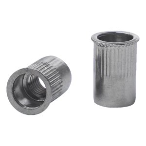 Nietmutter durchgehend M10 A2 – reduzierter konischer Flansch, gerändelt, AISI 304